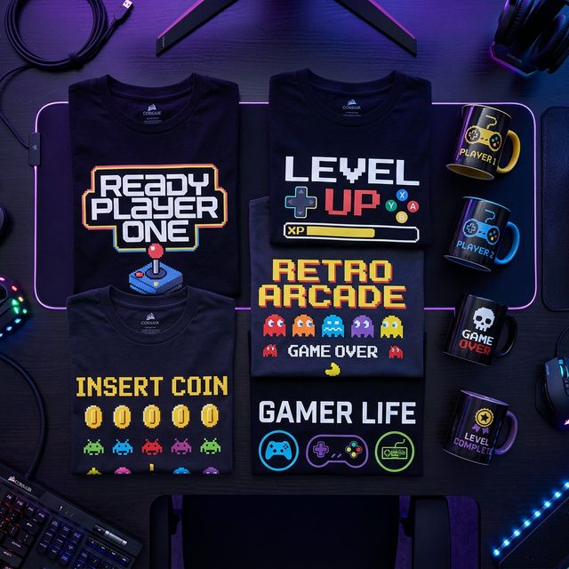 Gaming themed graphic t-shirts and coffee mugs with pixel art and controller designs