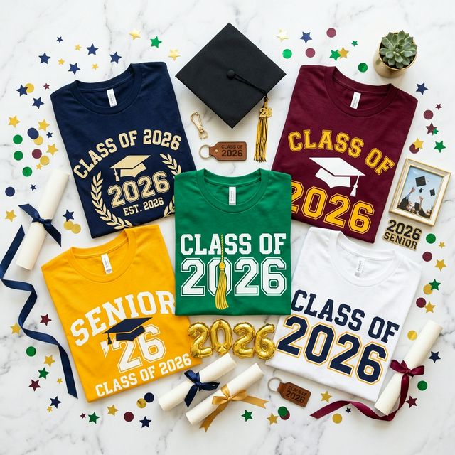 Colorful Class of 2026 graduation t-shirts with caps and confetti on marble background