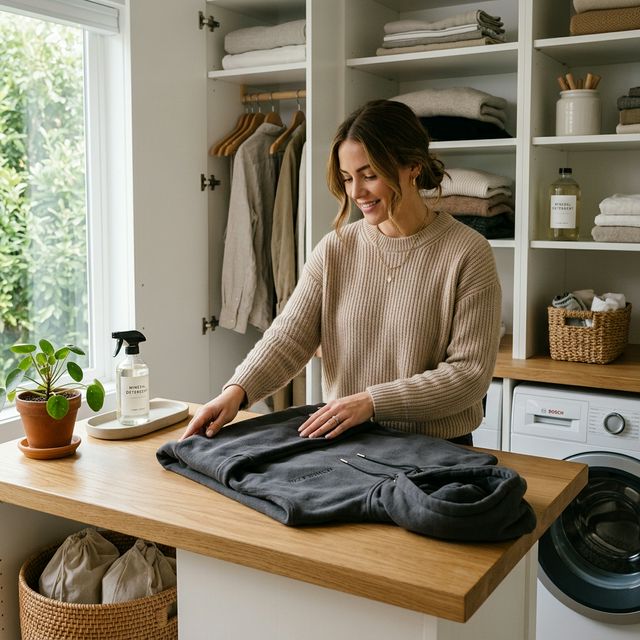Neatly folded soft hoodie in laundry setting