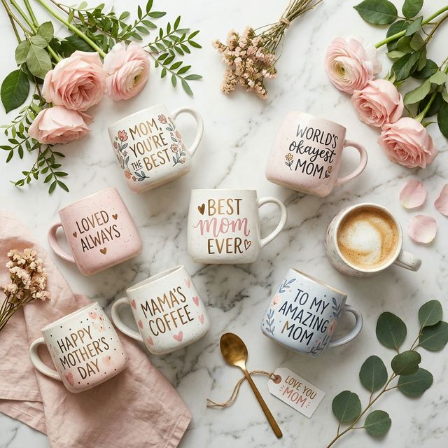 Collection of heartfelt and funny Mother's Day coffee mugs with pink roses