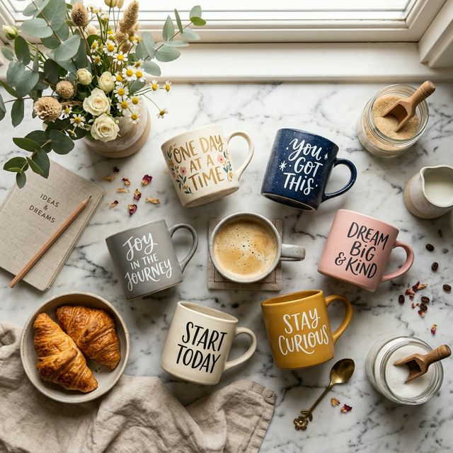 Collection of motivational coffee mugs with inspiring quotes on marble countertop