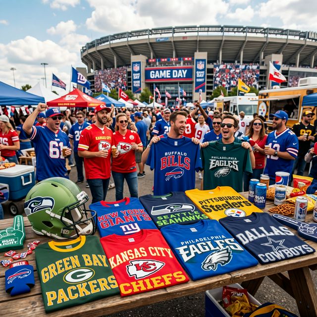 NFL fan gear t-shirts for multiple teams displayed with football memorabilia