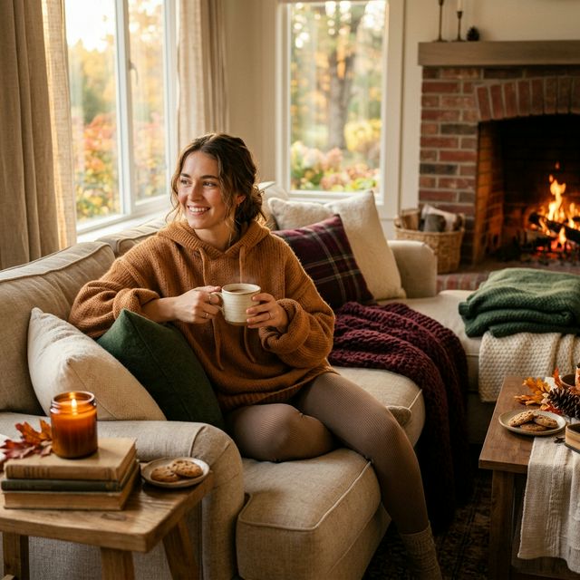 Cozy oversized hoodies in warm autumn colors on sofa with blankets