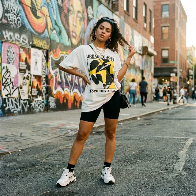 Stylish woman wearing oversized graphic t-shirt with streetwear styling in urban setting