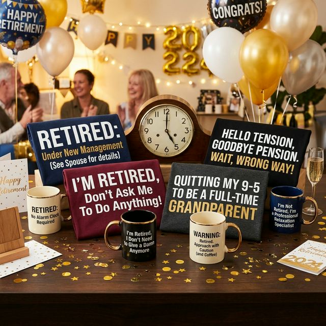 Retirement themed funny shirts and mugs on celebration table with confetti