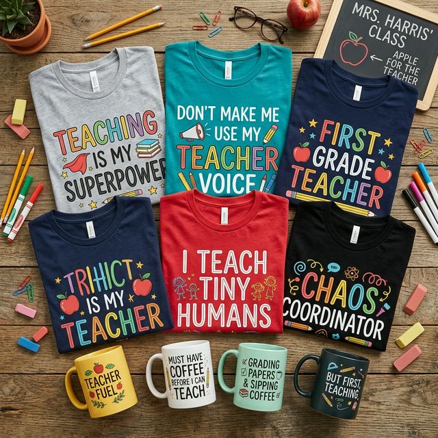 Colorful teacher-themed t-shirts and coffee mugs with school graphics