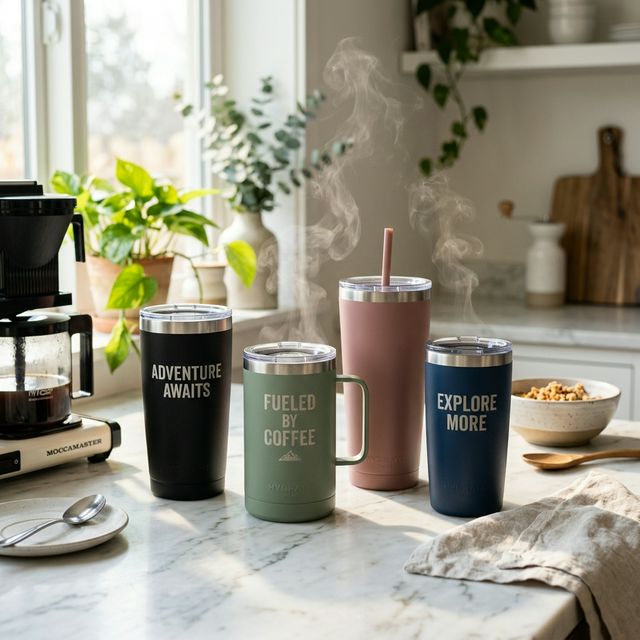 Premium insulated travel mugs and tumblers in trendy colors on marble kitchen counter