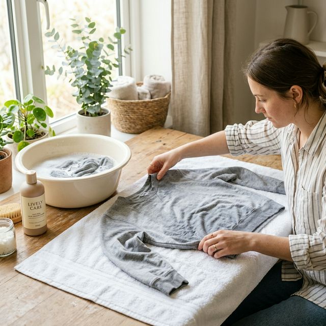 Hands gently stretching a shrunken sweatshirt on clean towel with care products