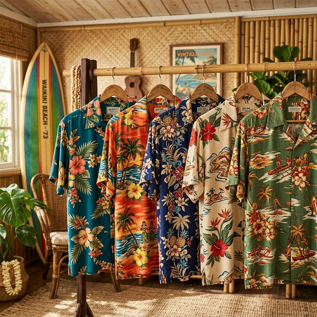 Vintage Hawaiian aloha shirts with tropical prints on wooden hangers