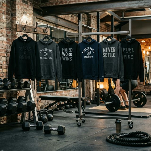 Premium workout hoodies in dark colors in modern gym setting
