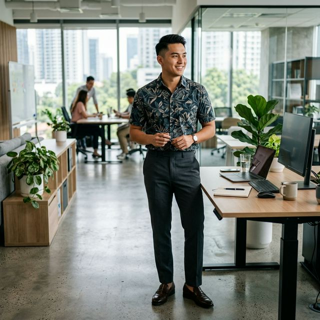 Professional young man wearing subtle Aloha shirt