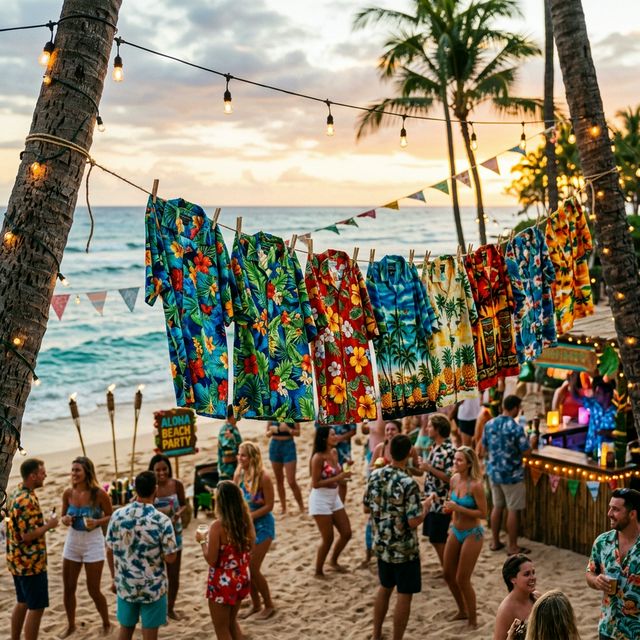 Vibrant Aloha Hawaiian shirts at a tropical beach party