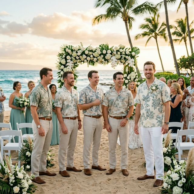 Elegant groomsmen wearing coordinated aloha Hawaiian shirts at outdoor beach wedding ceremony