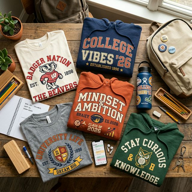 Vibrant back-to-school t-shirts and hoodies with trendy campus designs styled on a desk with notebooks and backpack