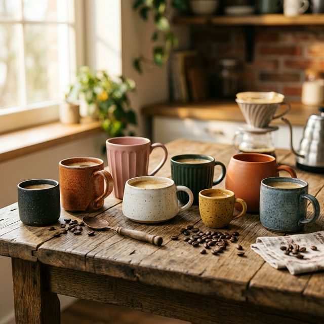 Stylish ceramic coffee mugs on a rustic table