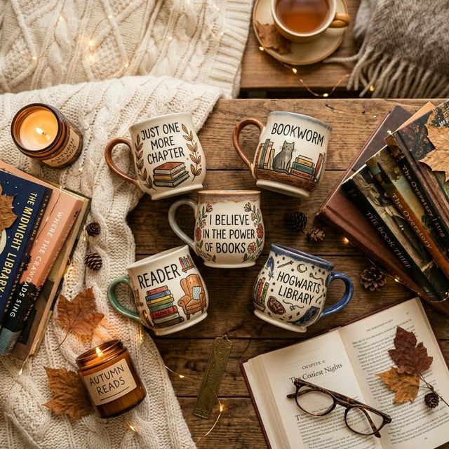 Literary-themed ceramic mugs for book lovers on cozy reading setup with books and warm lighting