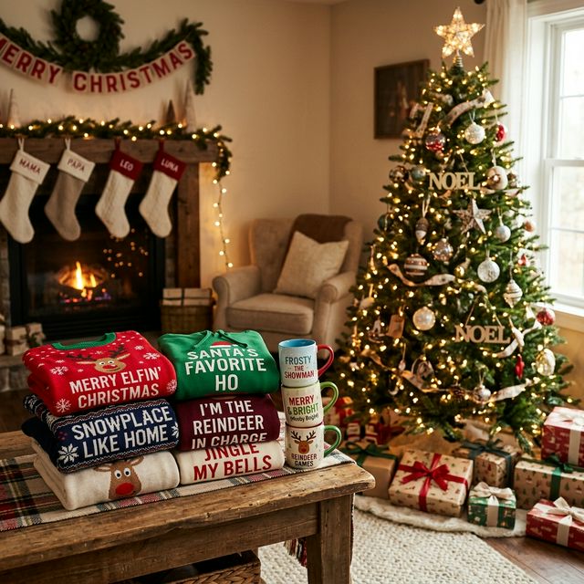 Cozy Christmas morning with ugly sweaters and mugs
