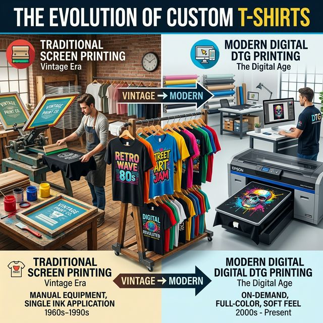 Evolution of custom t-shirts from vintage screen printing to modern DTG digital printing with colorful graphic tees