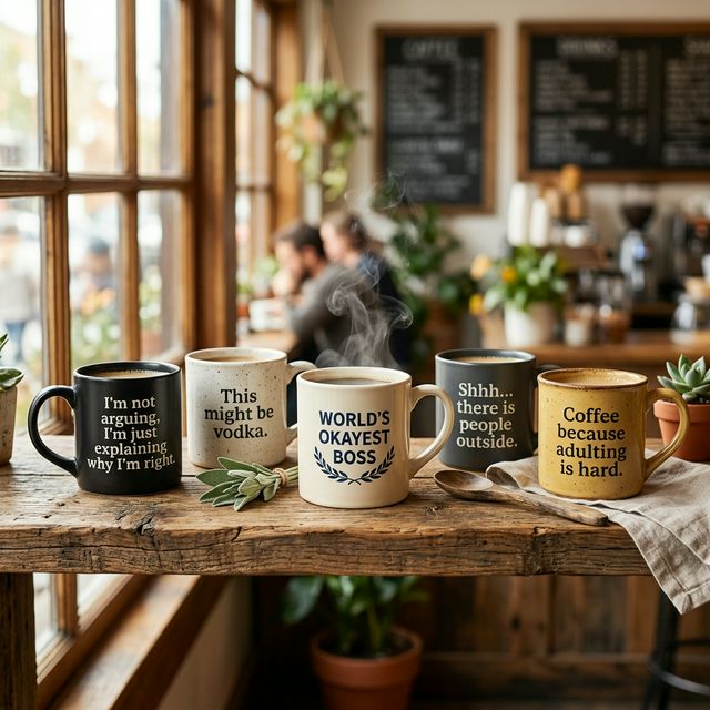 Collection of funny coffee mugs with witty quotes on wooden shelf