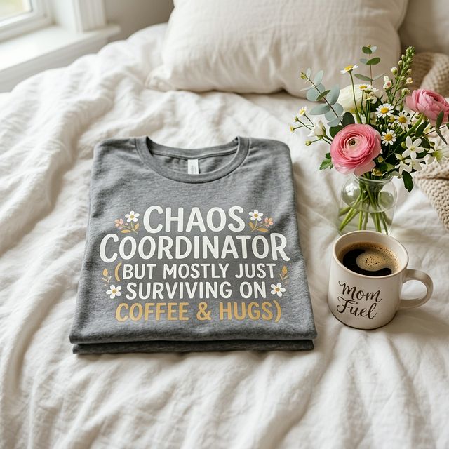 Soft funny moms graphic t-shirt on a cozy bed setup