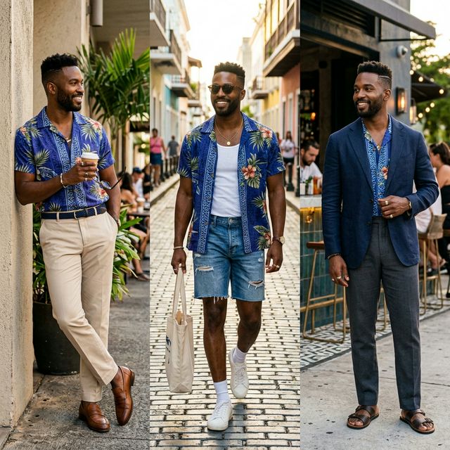 Stylish man wearing Hawaiian aloha shirt in multiple outfit combinations for summer 2026 fashion