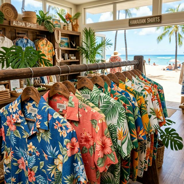 Vibrant collection of summer 2026 Hawaiian aloha shirts with bold tropical floral prints on wooden hangers