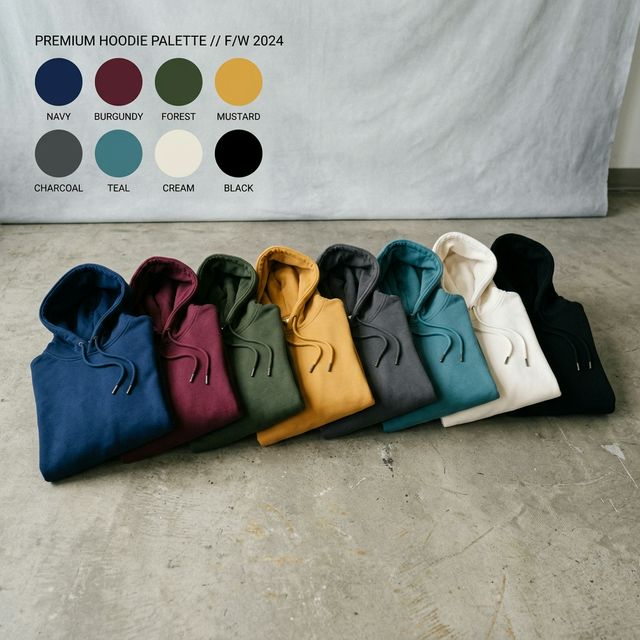 Premium hoodies in different colors arranged in gradient display from navy to mustard on studio background
