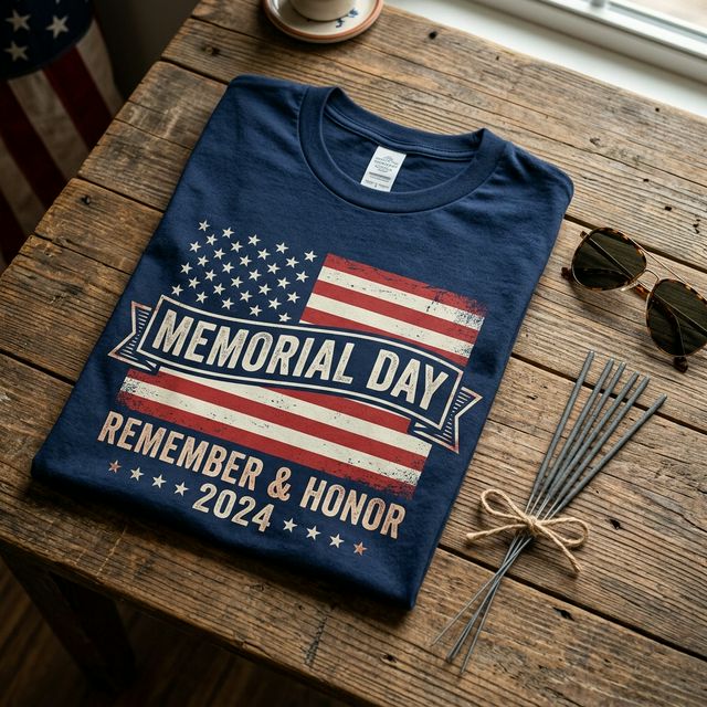 Patriotic Memorial Day t-shirt flat lay with stars and stripes