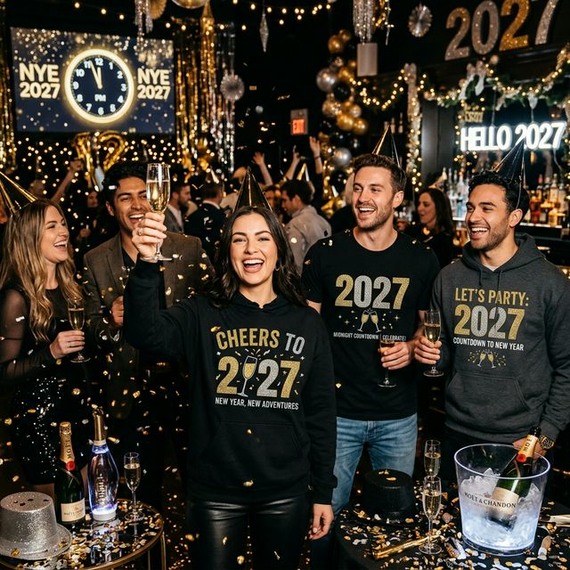 Festive New Year's Eve 2027 celebration t-shirts with gold and silver metallic designs surrounded by confetti and champagne