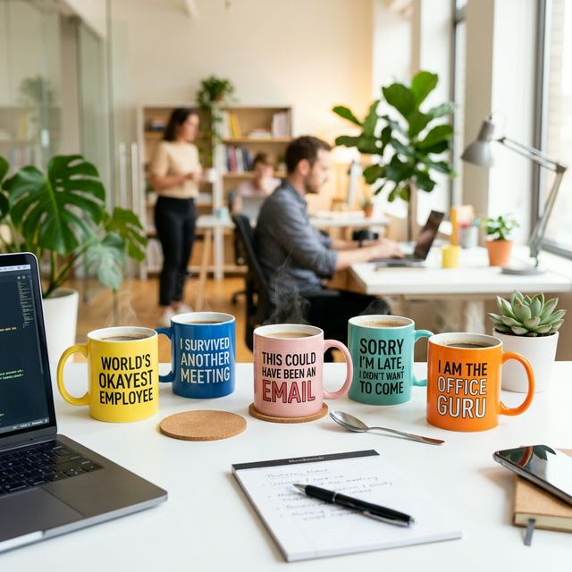 Colorful funny office mugs with witty sayings arranged on a modern white desk in bright workspace