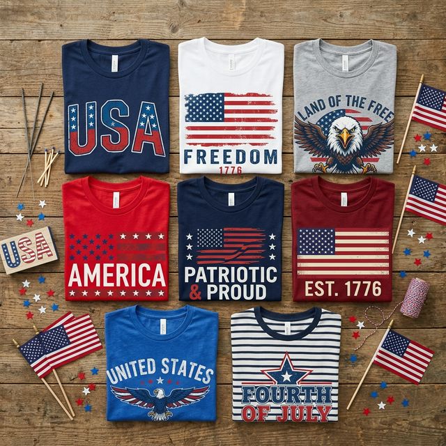 Patriotic American t-shirts with red white and blue designs for 4th of July