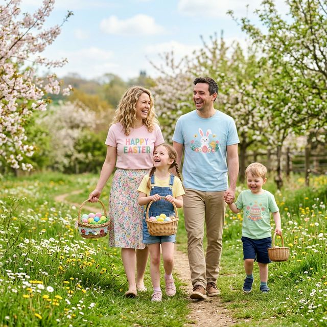 Joyful family in pastel Easter t-shirts outdoors