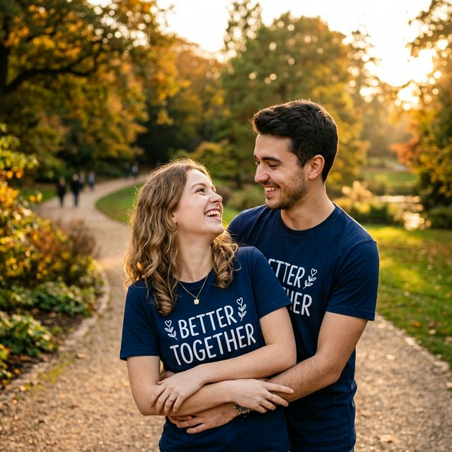 Happy couple wearing matching t-shirts outdoors hugging