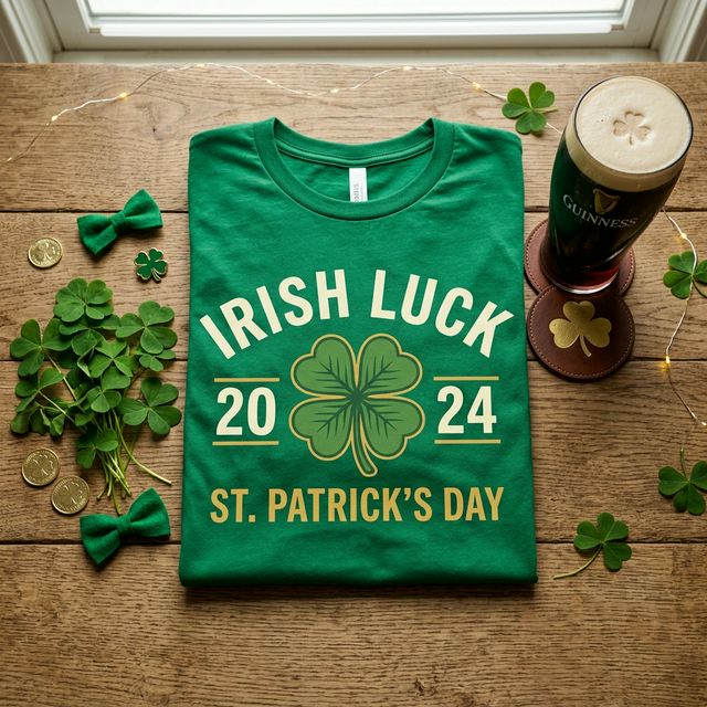 Festive St Patricks Day green t-shirt flat lay with lucky clover