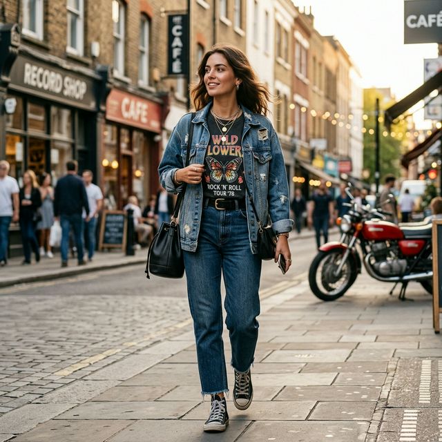 Stylish modern woman wearing a trendy vintage graphic t-shirt with denim jacket