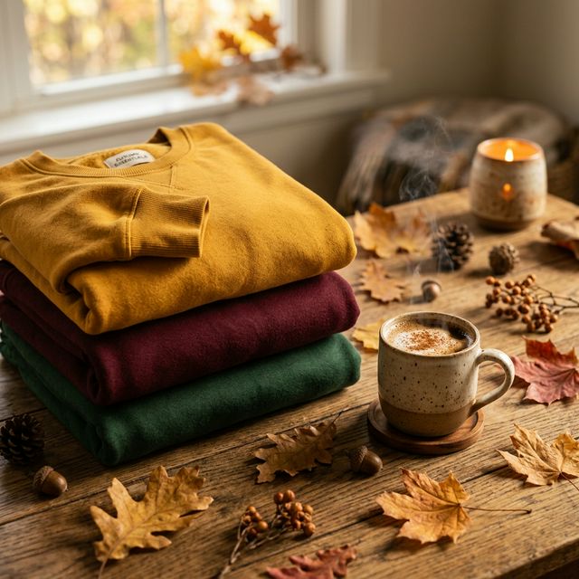 Cozy folded premium sweatshirts in autumn colors on a wooden table