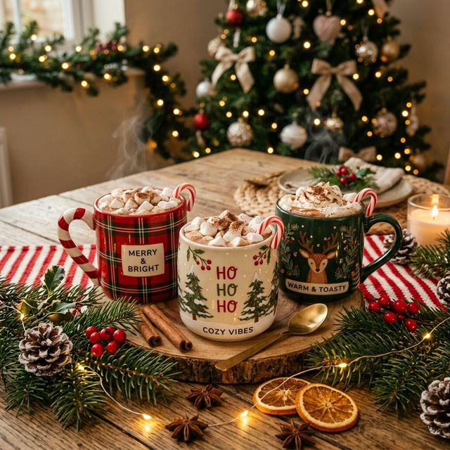 Festive Christmas coffee mugs with hot cocoa and marshmallows