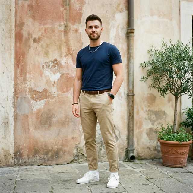 Stylish man wearing a navy blue t-shirt and khaki pants