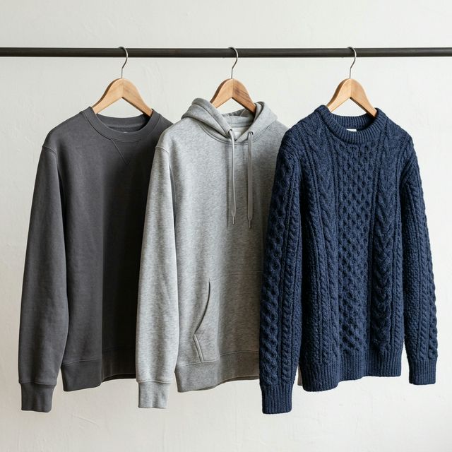Comparison of a crewneck sweatshirt, a pullover hoodie, and a wool sweater