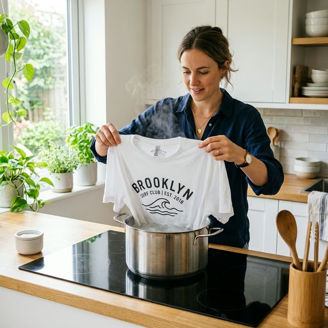 Cotton t-shirt being shrunk using hot water method in modern kitchen