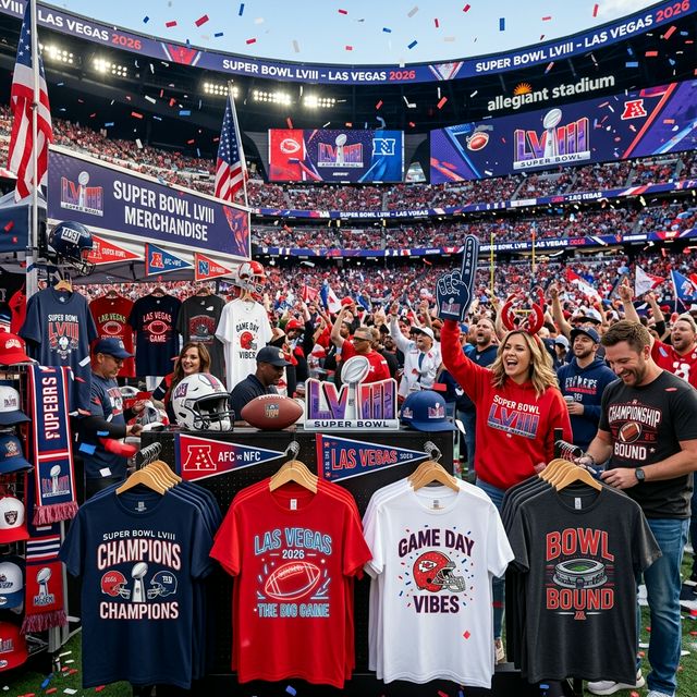 Dynamic Super Bowl 2026 fan t-shirts and merchandise display with bold team colors and football graphics
