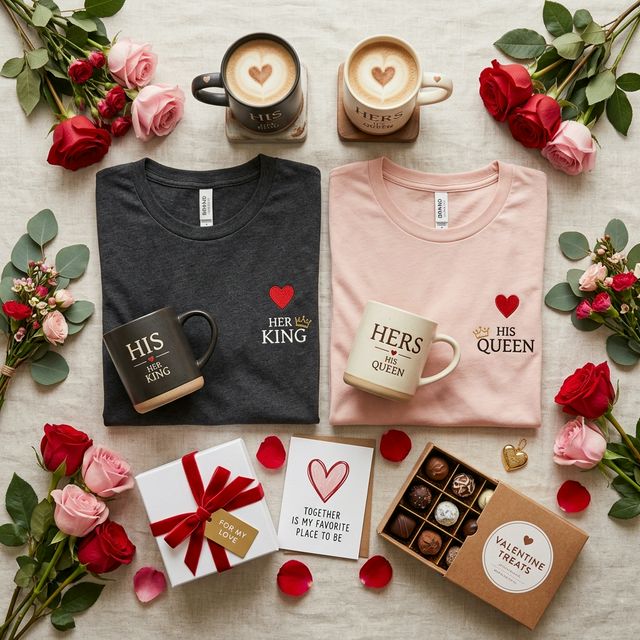 Romantic Valentine's Day matching couple t-shirts and coffee mugs with heart designs in red and pink color palette