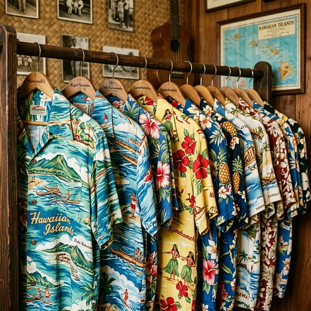Collection of rare vintage 1940s-1950s Hawaiian aloha shirts with classic tropical rayon patterns on display
