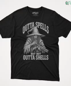 outta spells but not outta shells badass wizard shotgun meme shirt 1