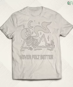 never felt better skeleton chilling under the moon retro halloween graphic shirt 1
