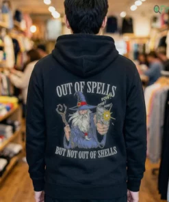 out of spells but not out of shells wizard holding a gun meme shirt 3
