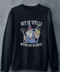 out of spells but not out of shells wizard holding a gun meme shirt 4