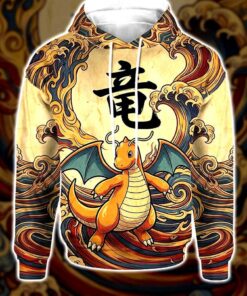 anime pkm dragonite japanese kanji aesthetic all over printed sweatshirt hoodie 3