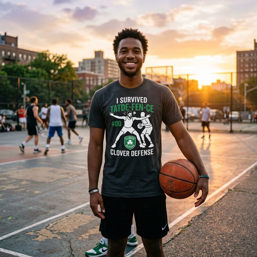Fan wearing Jayson Tatum Boston Celtics Funny Basketball Defense Silhouette Graphic Shirt