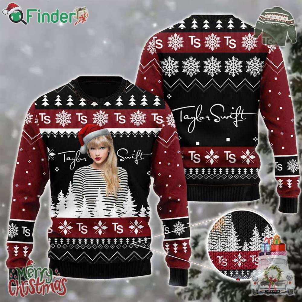 Taylor Swift Wih Santa Hat Signature Snowflakes Pattern Knitted Ugly Christmas Sweater
